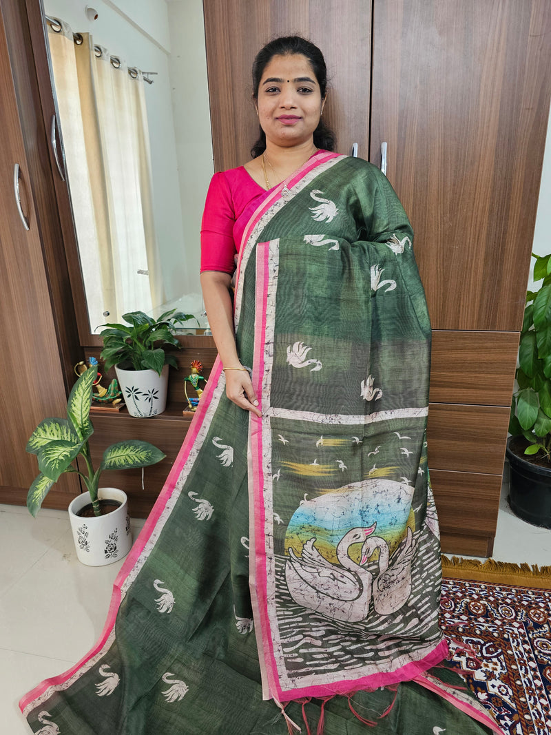 Semi Ghicha Digital Printed Saree - Green with Pink