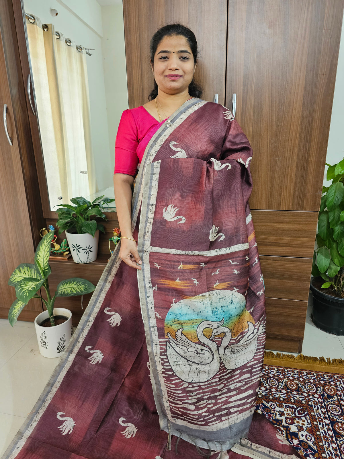 Semi Ghicha Digital Printed Saree - Maroon with Grey