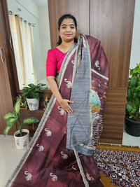 Semi Ghicha Digital Printed Saree - Maroon with Grey