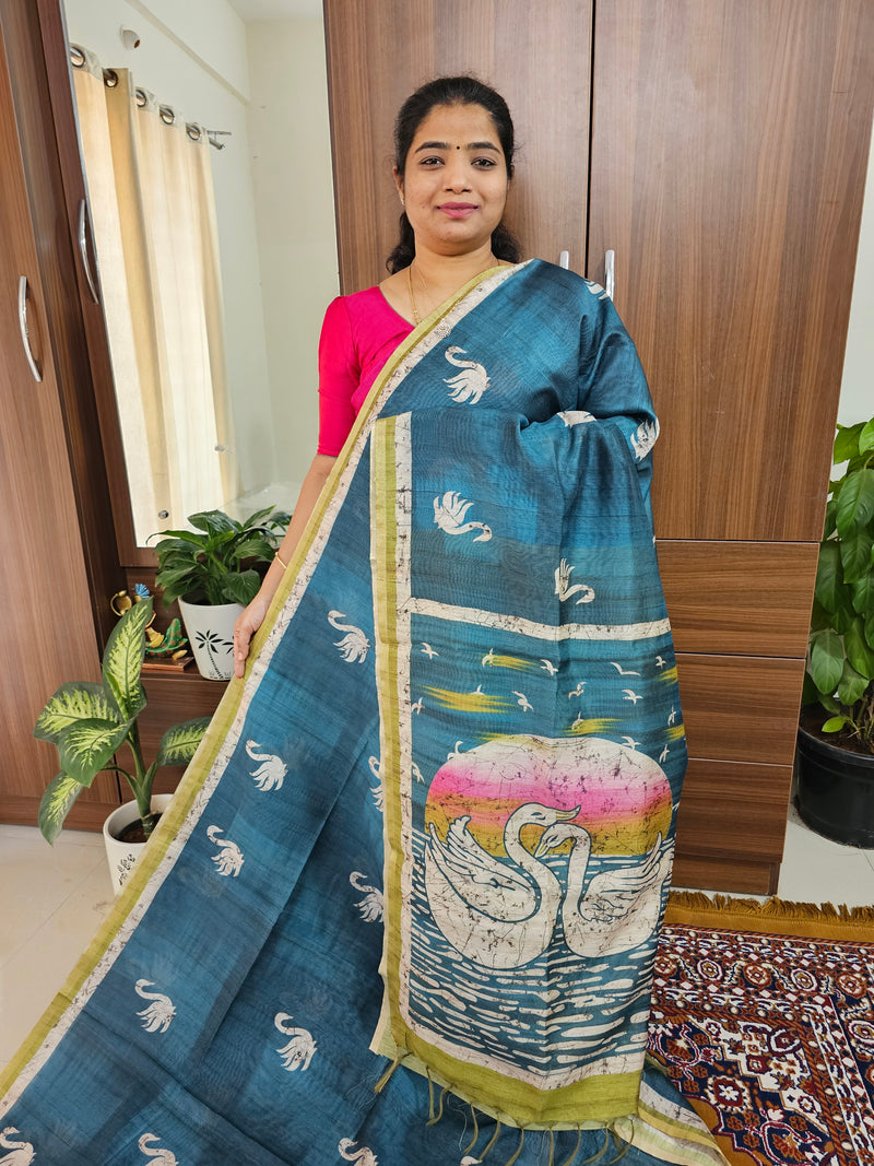 Semi Ghicha Digital Printed Saree - Peacock Blue with Green