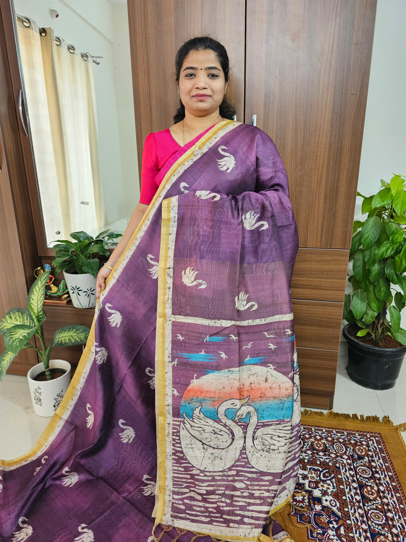 Semi Ghicha Digital Printed Saree -Purple with Mustard Yellow