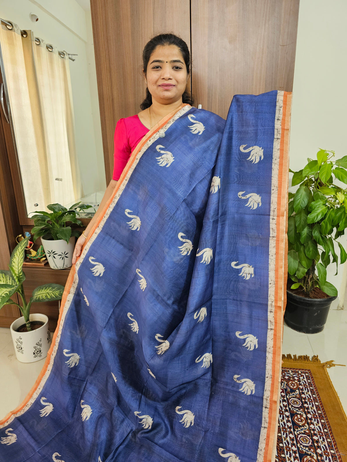 Semi Ghicha Digital Printed Saree - Blue with Orange