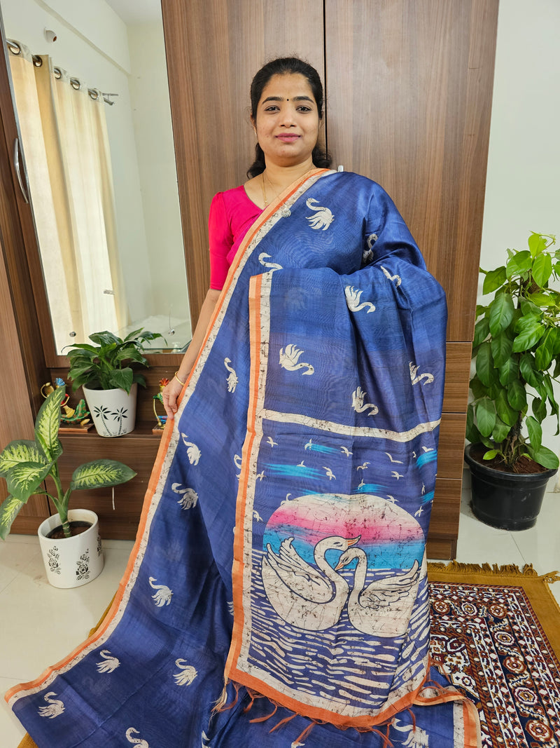 Semi Ghicha Digital Printed Saree - Blue with Orange