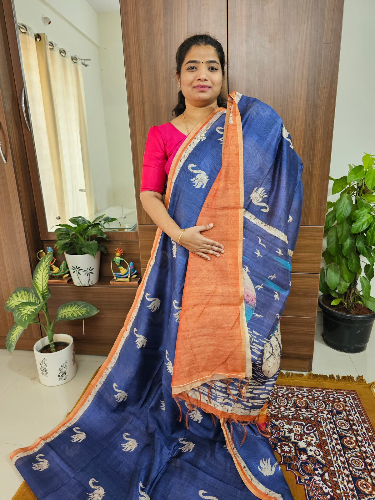 Semi Ghicha Digital Printed Saree - Blue with Orange