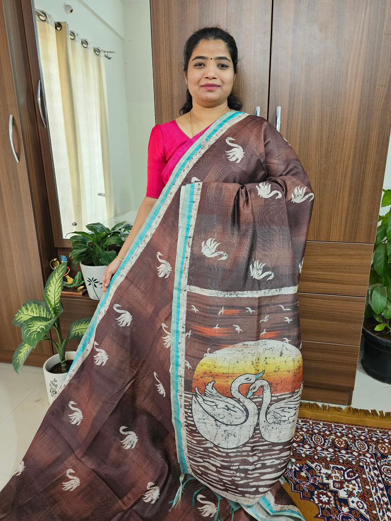 Semi Ghicha Digital Printed Saree - Brown with Blue