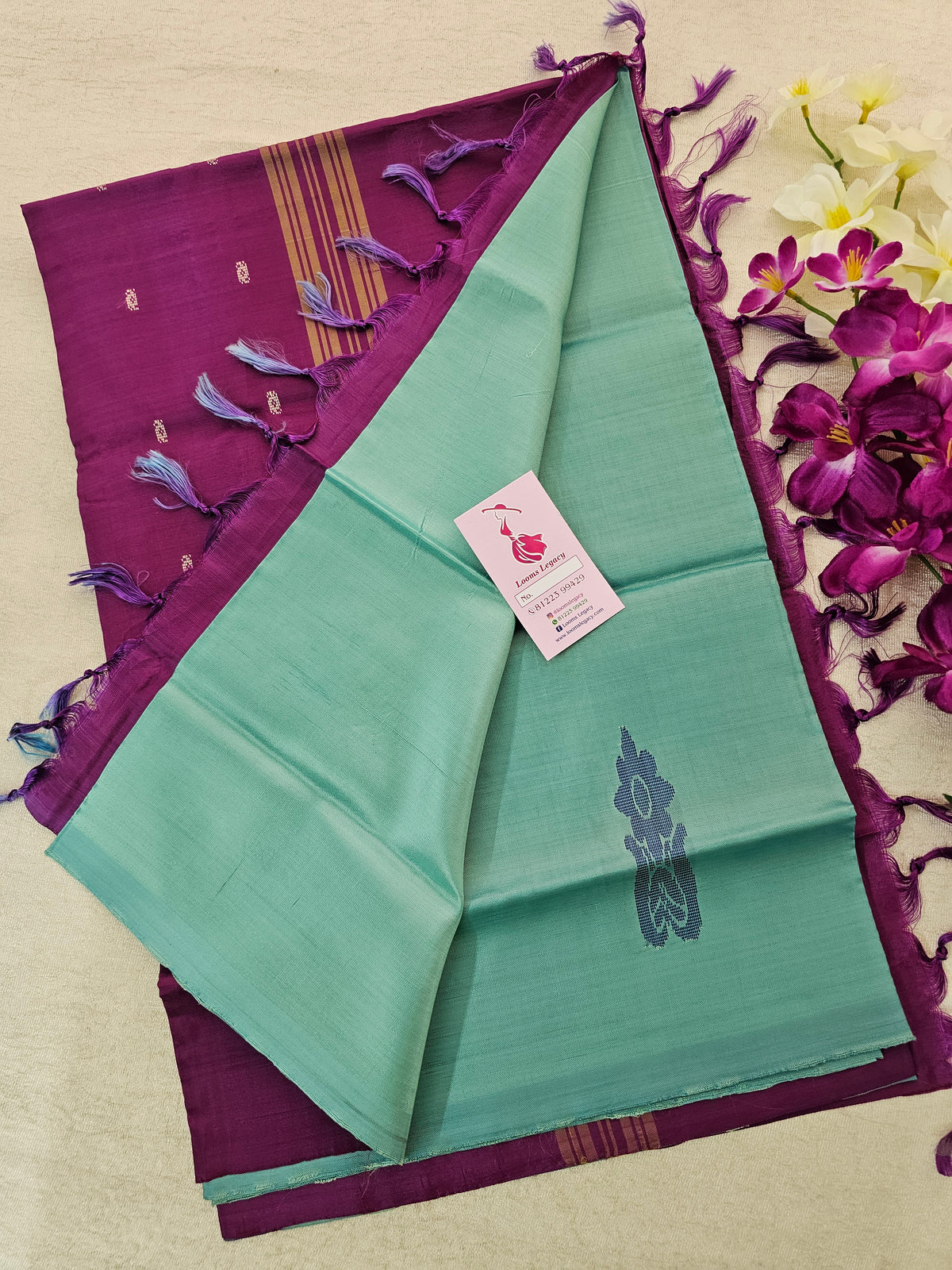 Sea Blue with Purple Pallu Handwoven Chinnalampattu Saree