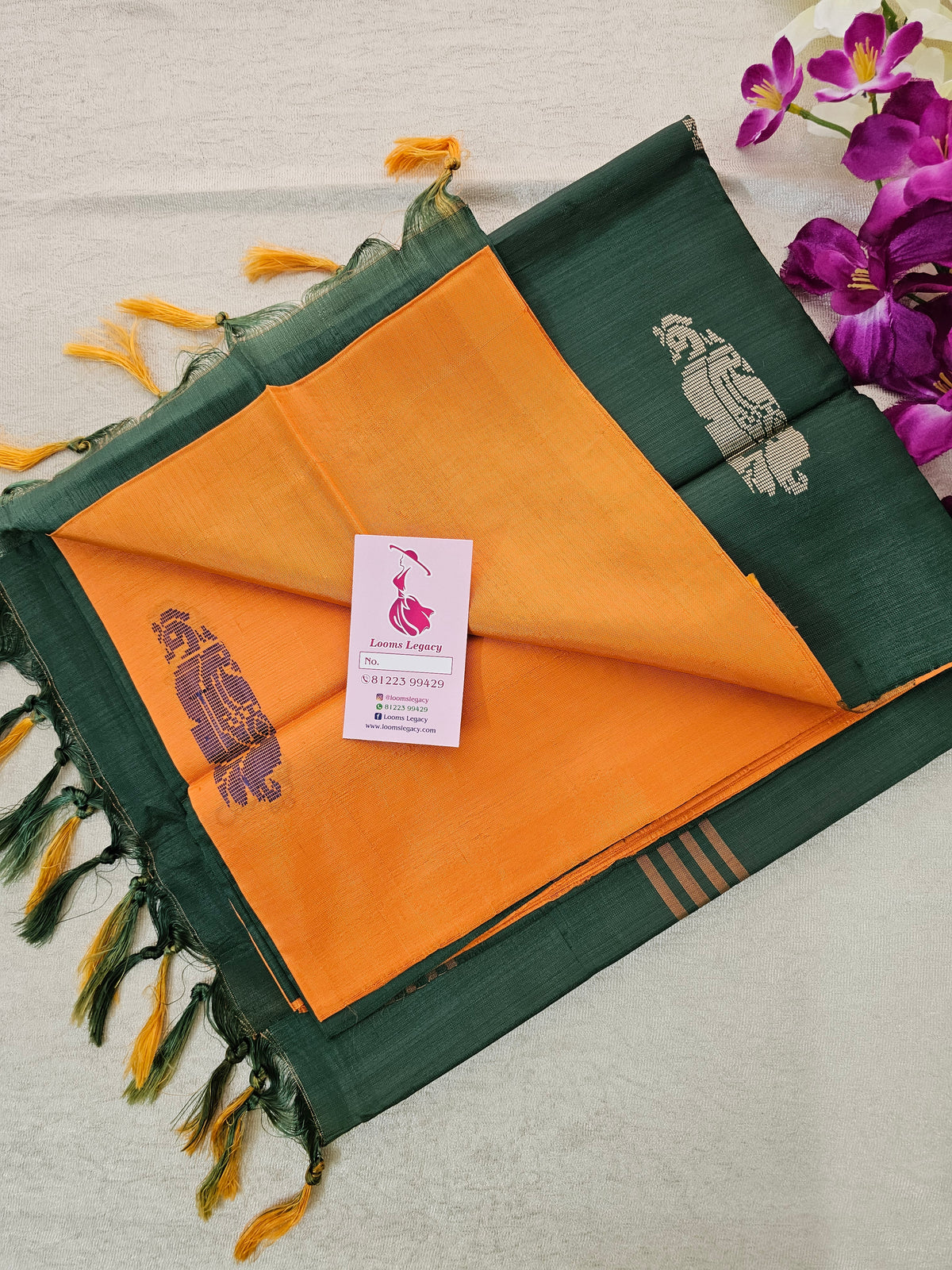 Orange with Bottle Green Pallu Handwoven Chinnalampattu Saree