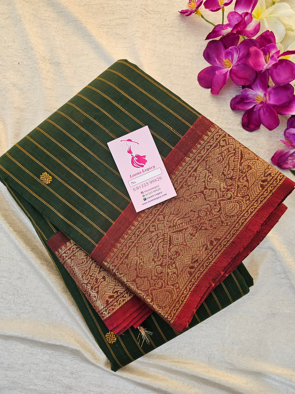 Kanchi Cotton Saree - Green with Maroon