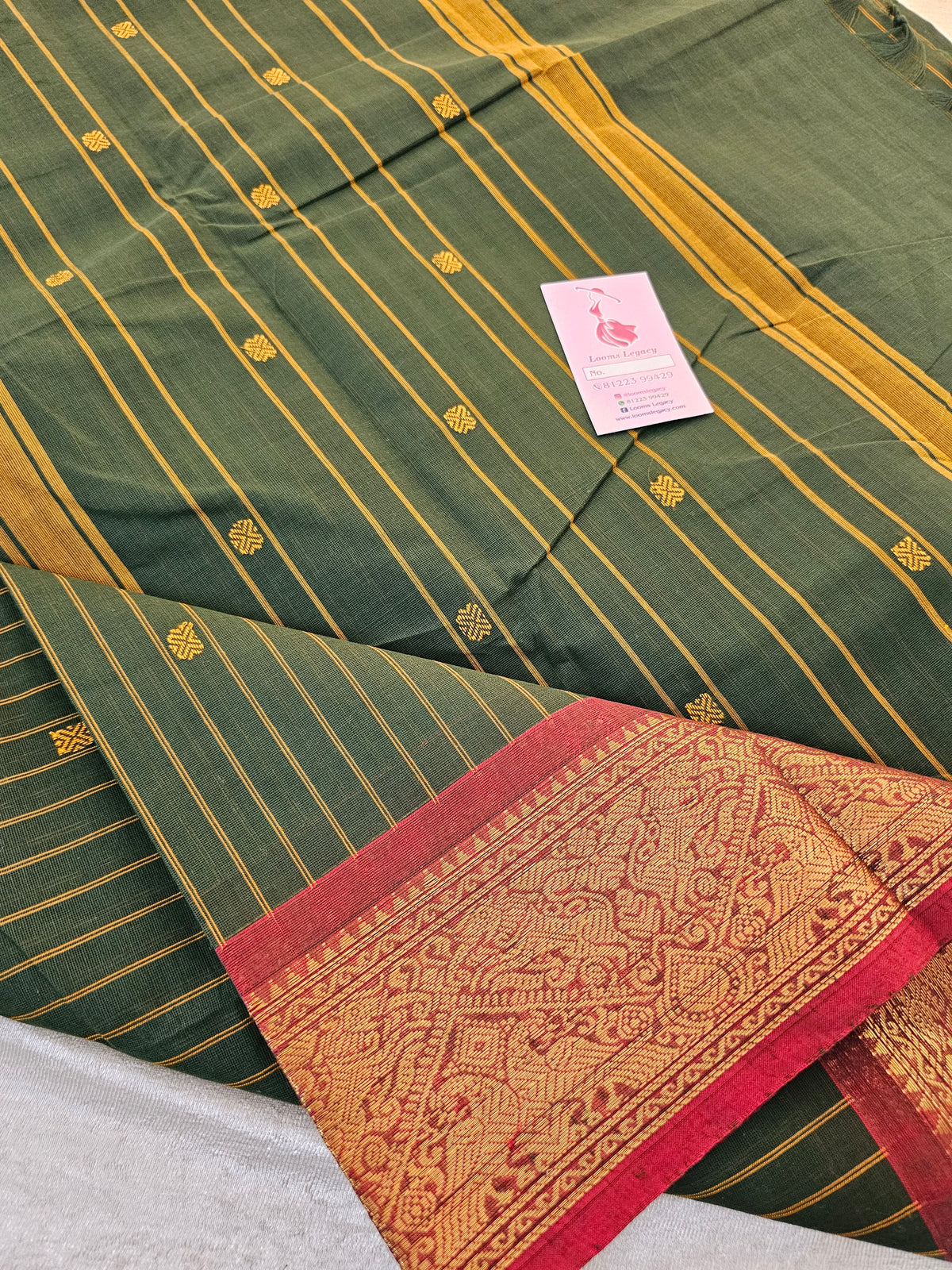 Kanchi Cotton Saree - Green with Maroon