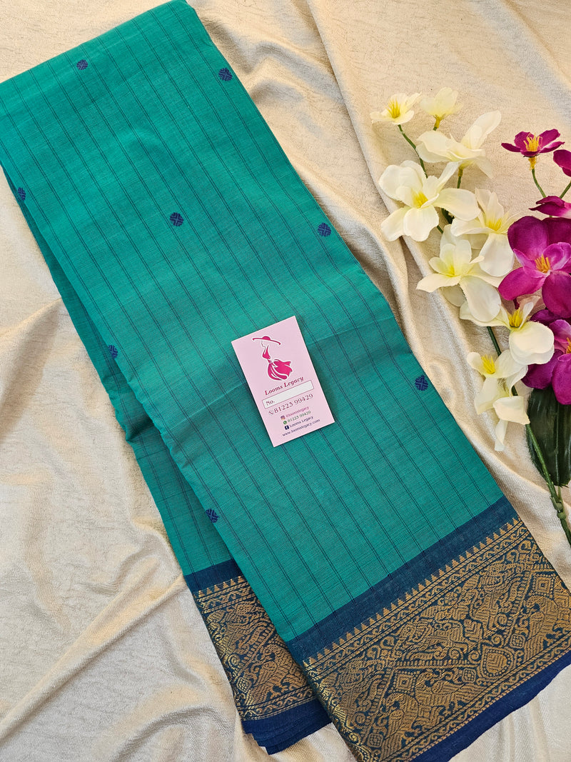 Kanchi Cotton Saree - Sea Green with Blue