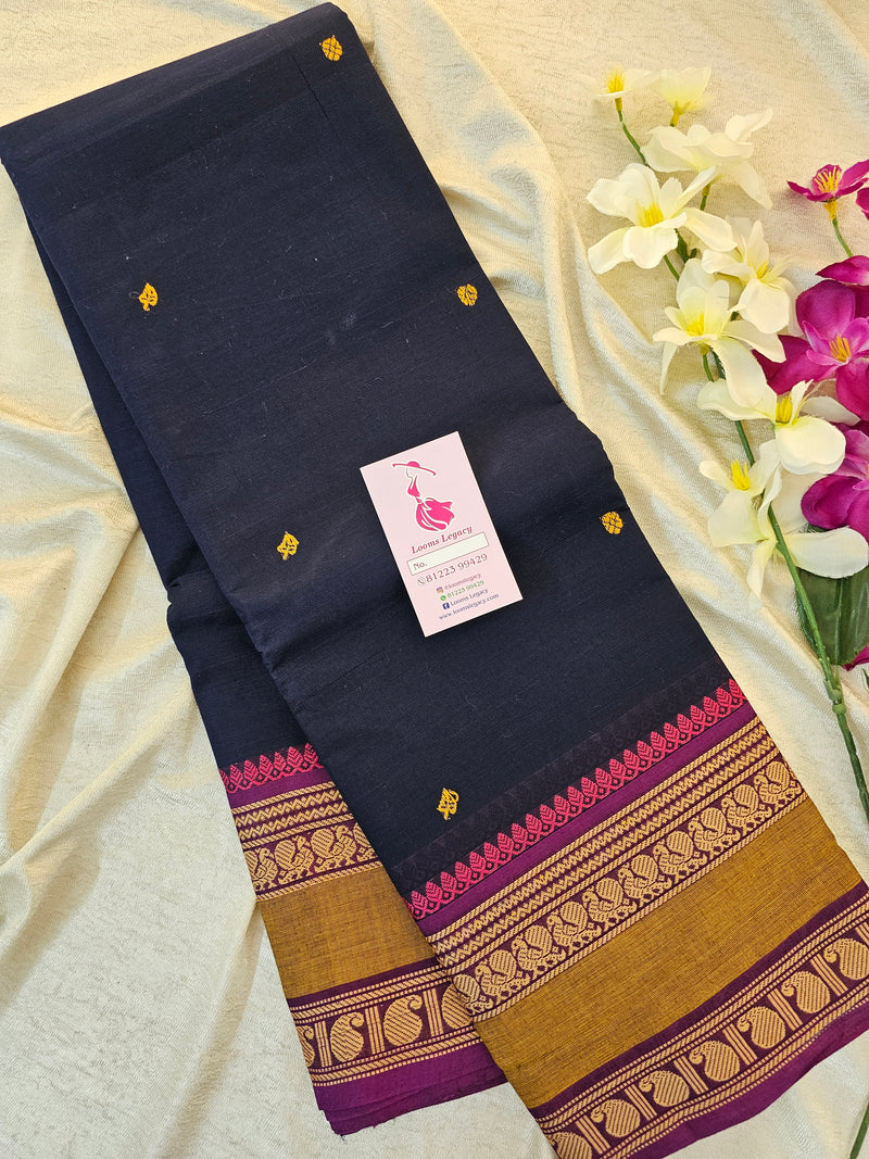 Kanchi Cotton Saree - Navy Blue with Purple