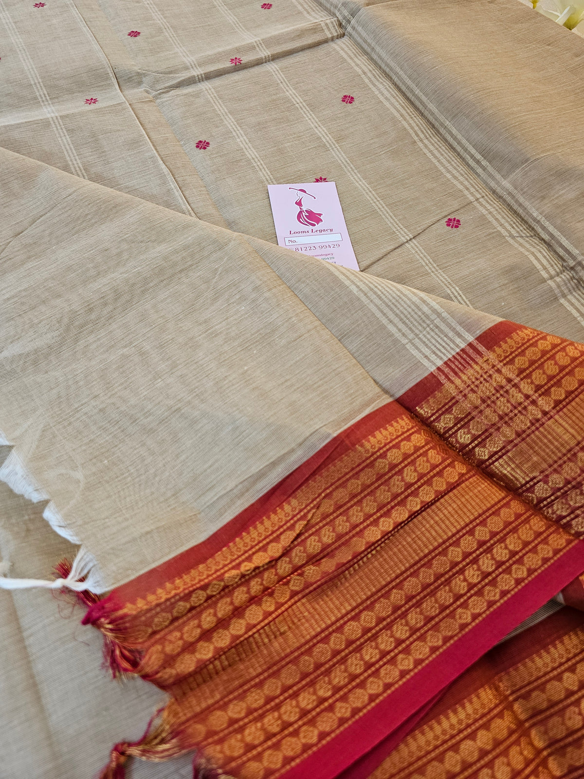 Kanchi Cotton Saree - Cream with Red