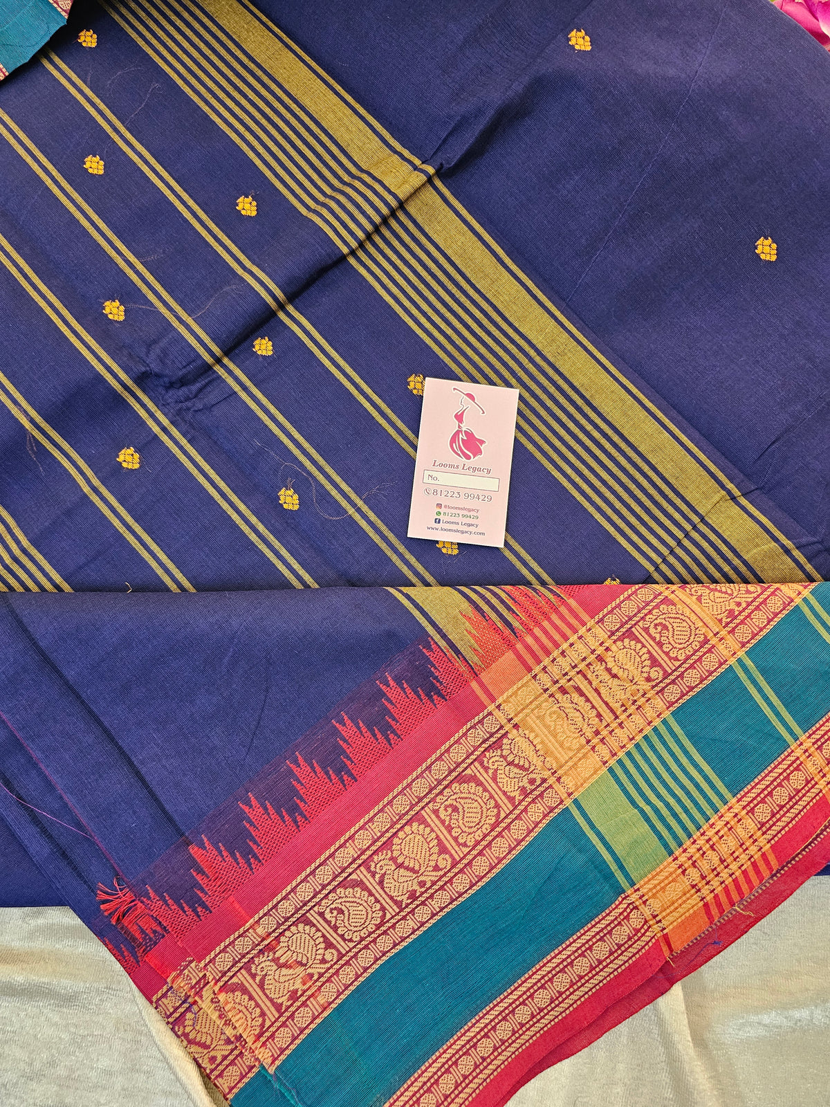 Kanchi Cotton Saree - Blue with Red