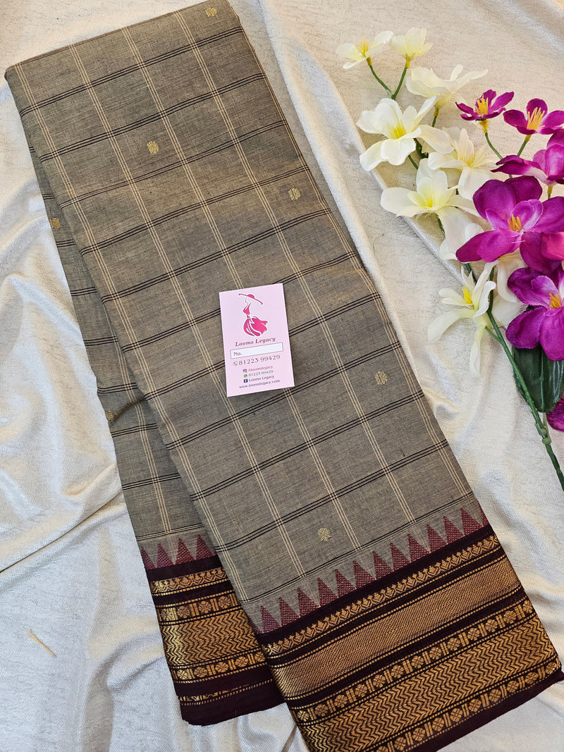 Kanchi Cotton Saree - Dark Beige with Brown