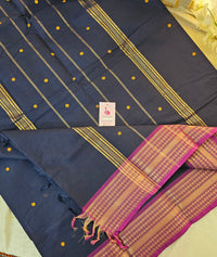 Kanchi Cotton Saree - Navy Blue with Purple