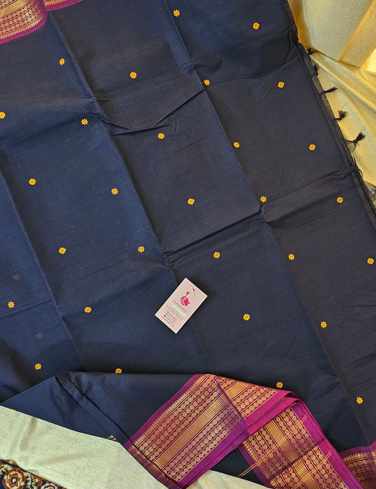 Kanchi Cotton Saree - Navy Blue with Purple