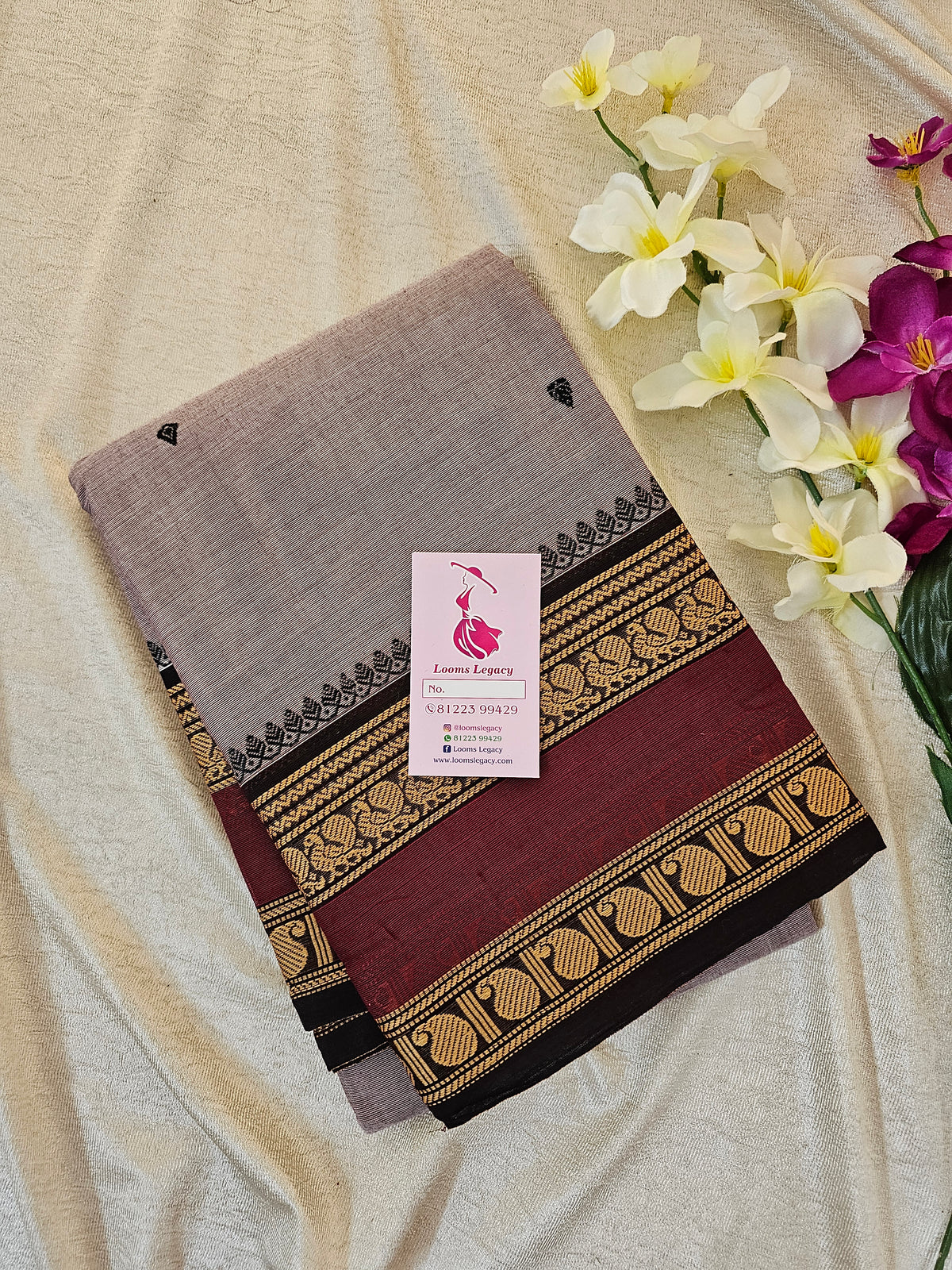 Kanchi Cotton Saree - Grey cum Pink with Maroon