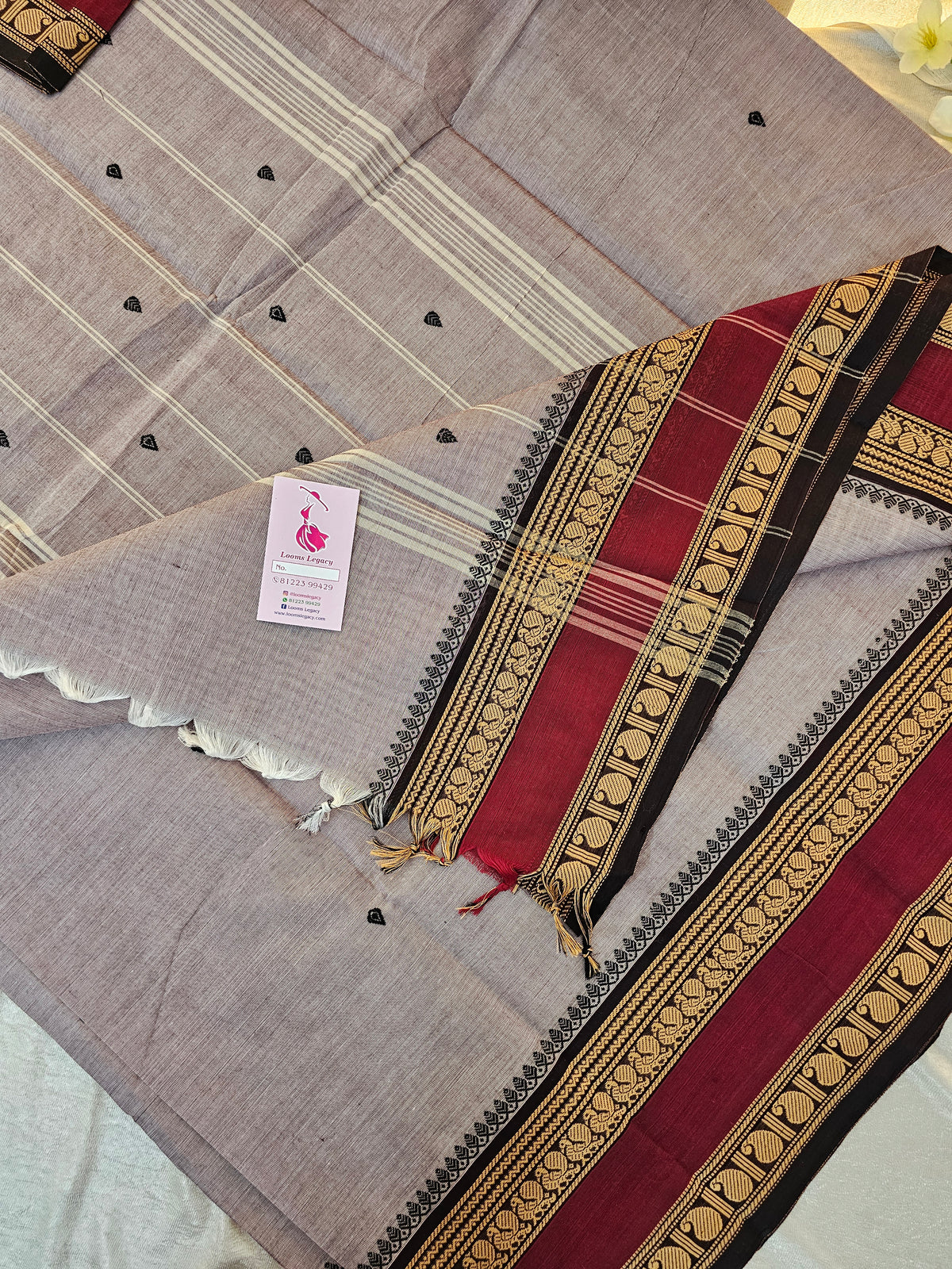 Kanchi Cotton Saree - Grey cum Pink with Maroon