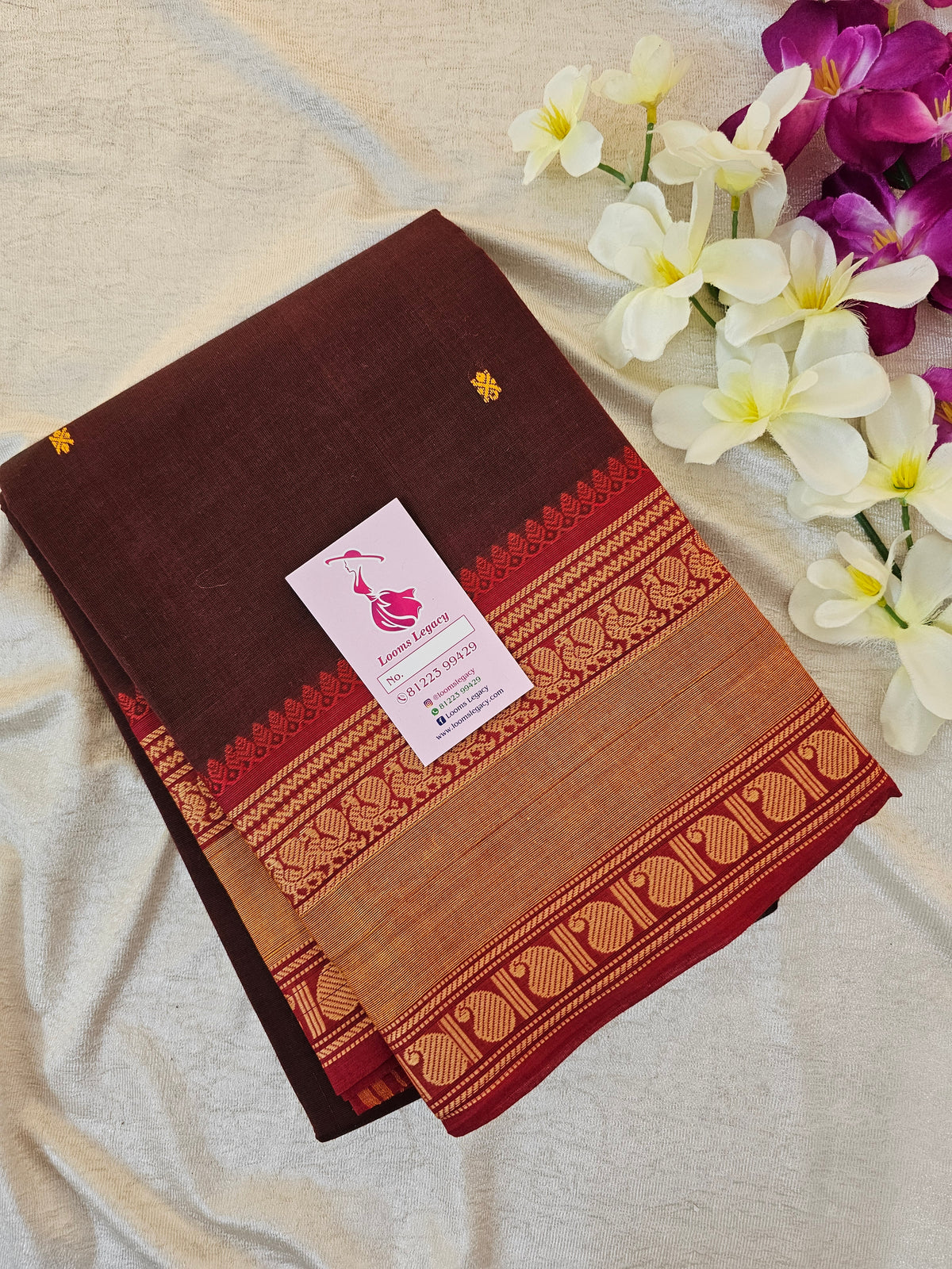 Kanchi Cotton Saree - Brown with Maroon