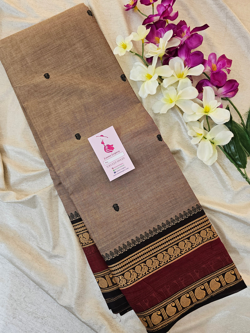 Kanchi Cotton Saree - Dark Beige with Maroon