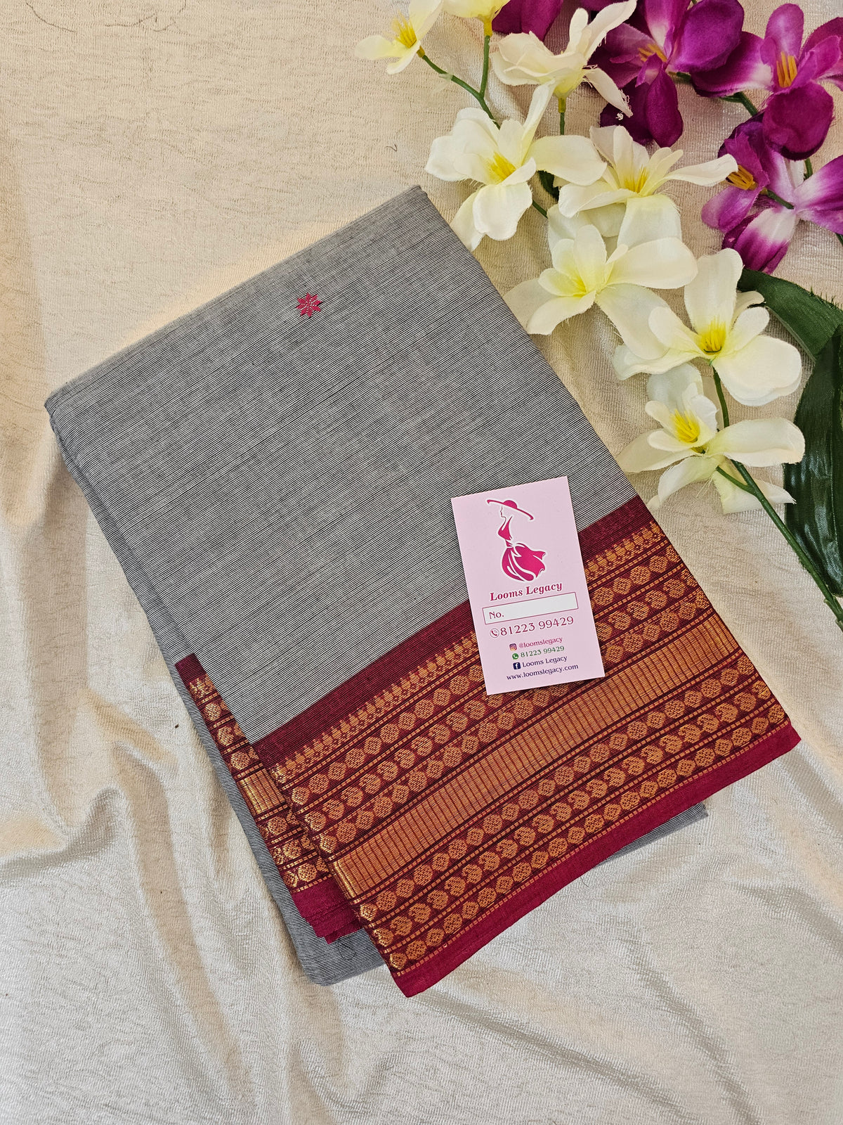 Kanchi Cotton Saree - Grey with Pink