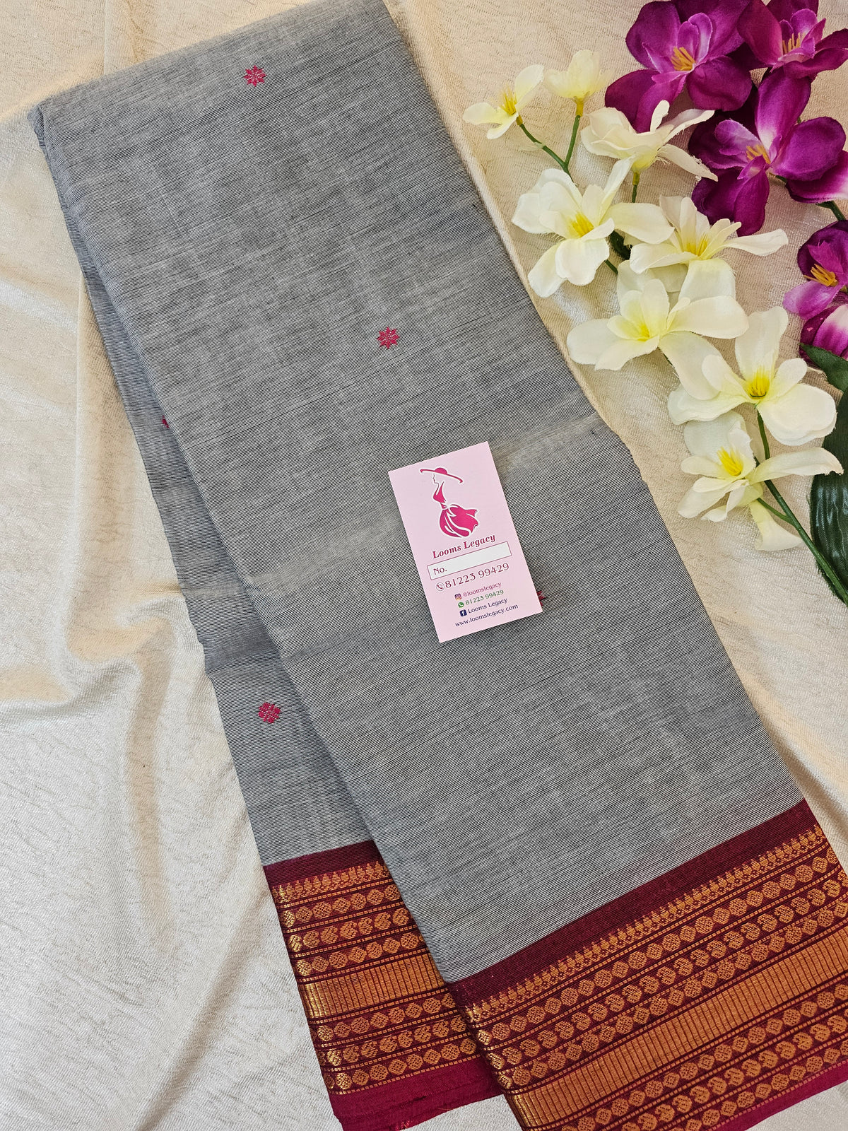 Kanchi Cotton Saree - Grey with Pink