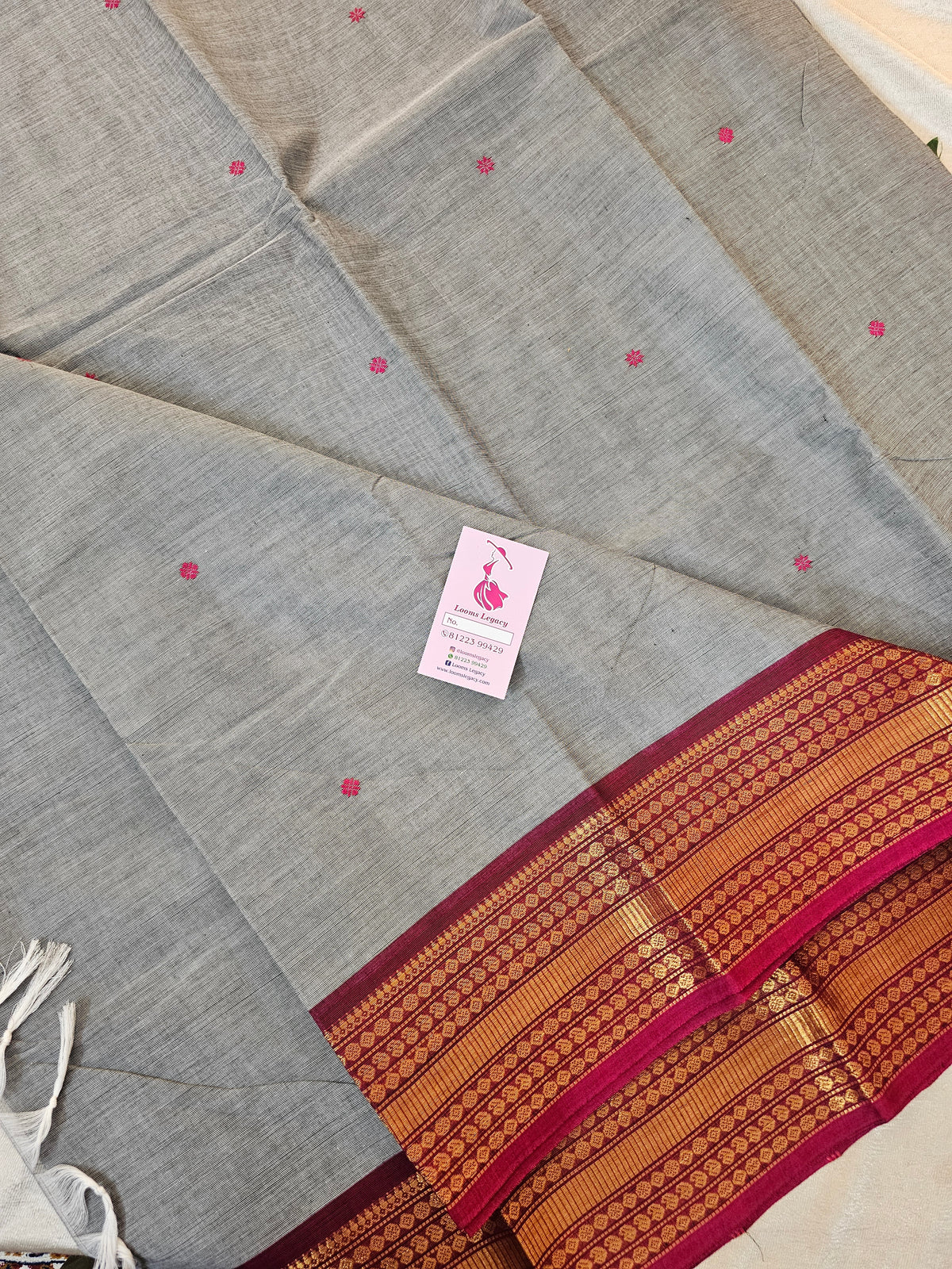 Kanchi Cotton Saree - Grey with Pink