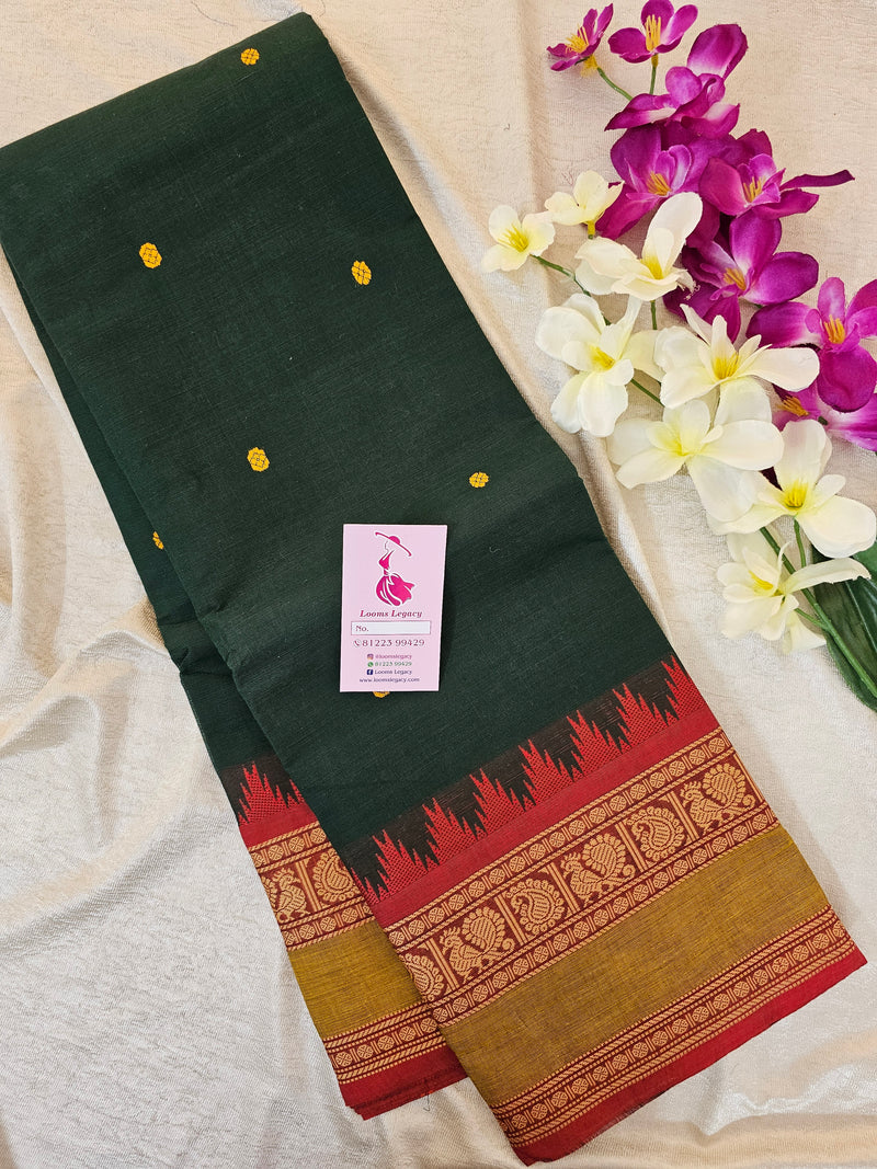 Kanchi Cotton Saree - Bottle Green with Maroon