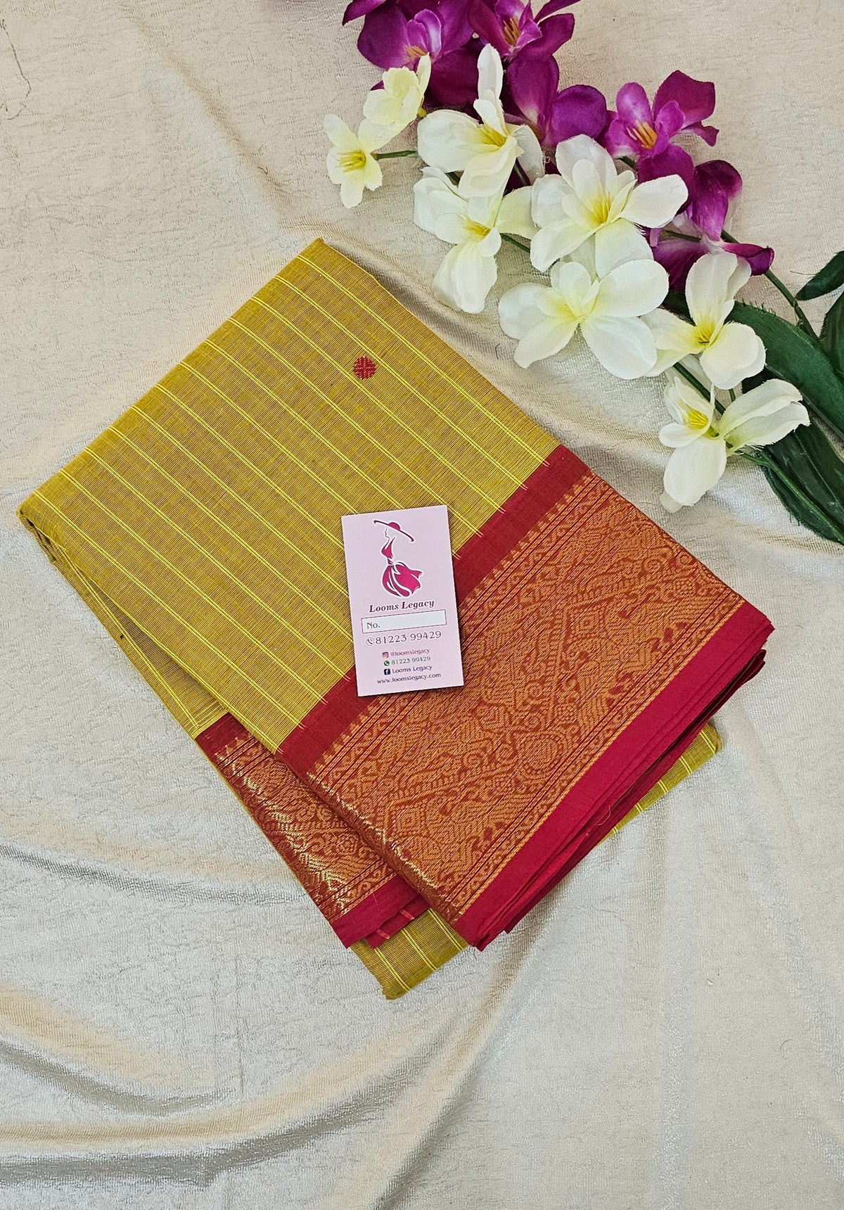 Kanchi Cotton Saree - Mustard Yellow with Pink