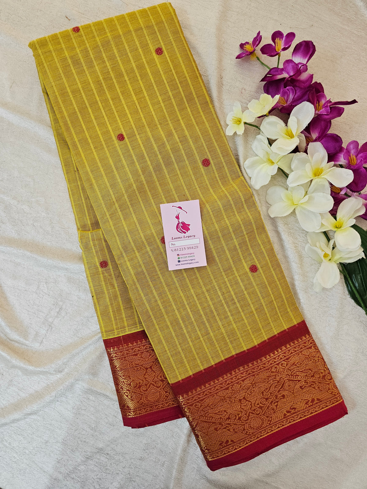 Kanchi Cotton Saree - Mustard Yellow with Pink