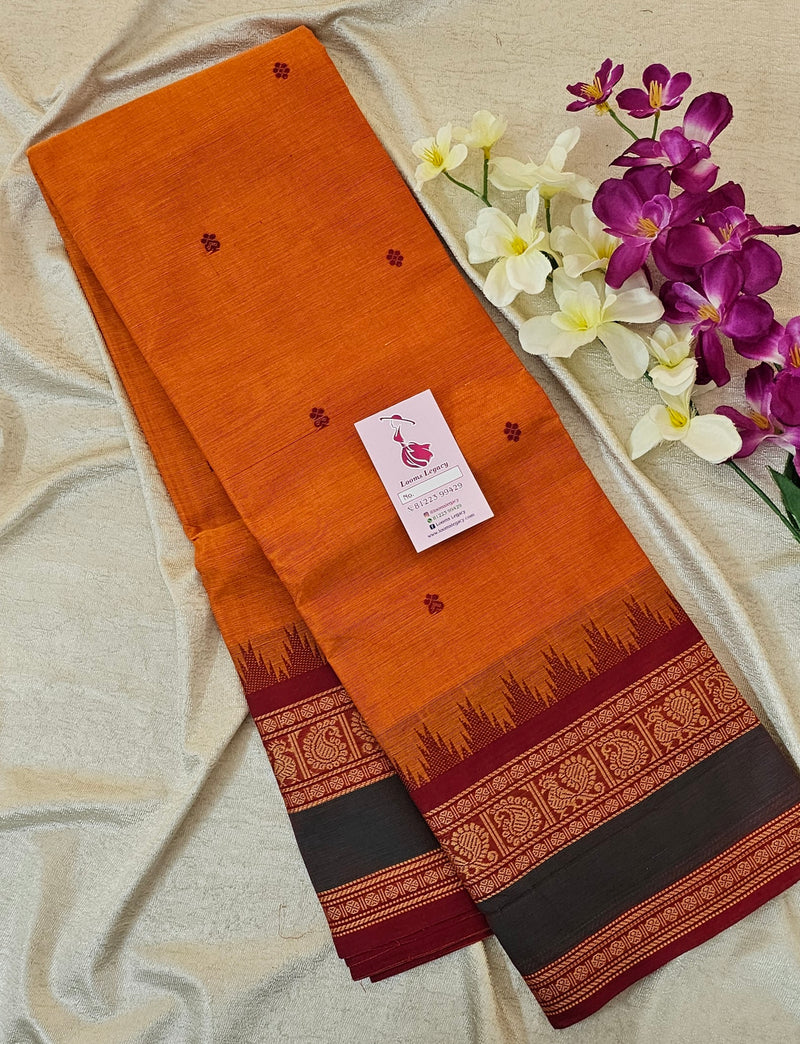 Kanchi Cotton Saree - Orange with Red