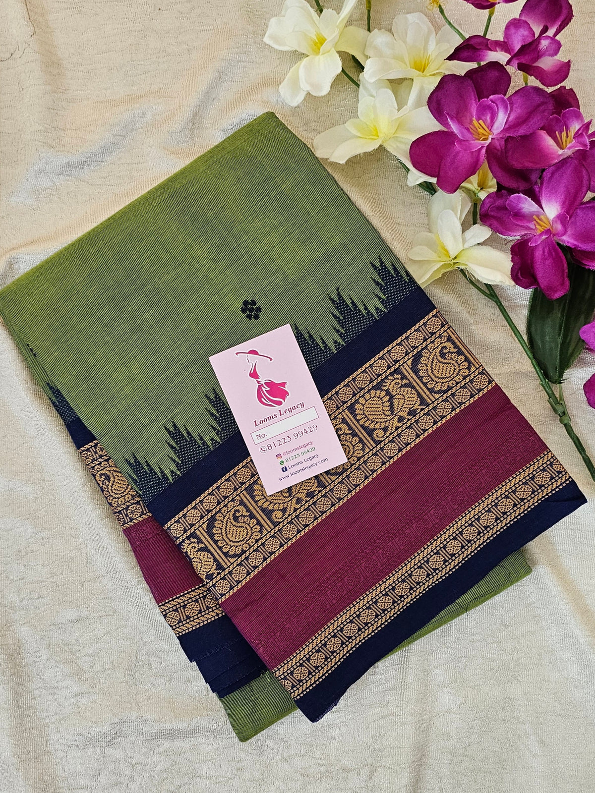 Kanchi Cotton Saree - Green with Blue