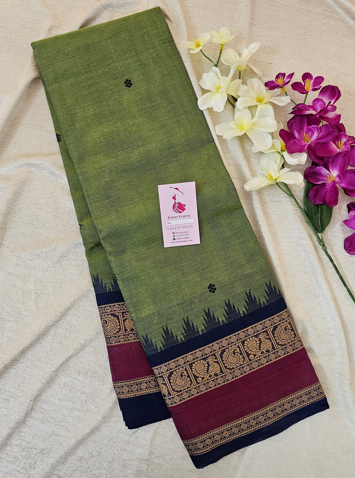 Kanchi Cotton Saree - Green with Blue