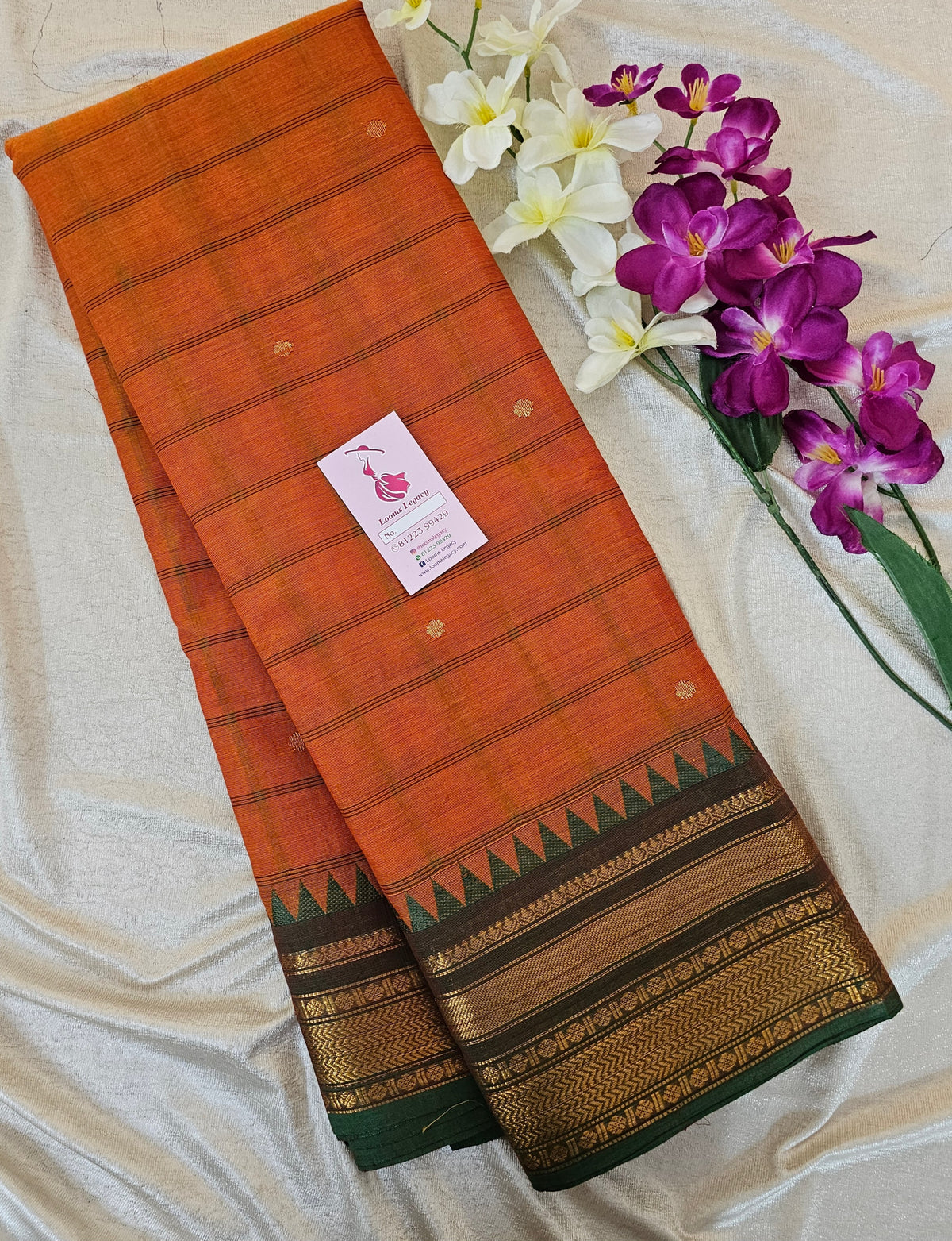 Kanchi Cotton Saree - Orange with Green