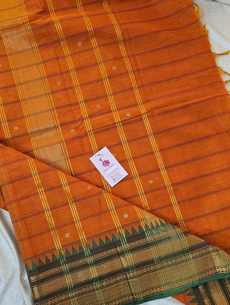 Kanchi Cotton Saree - Orange with Green