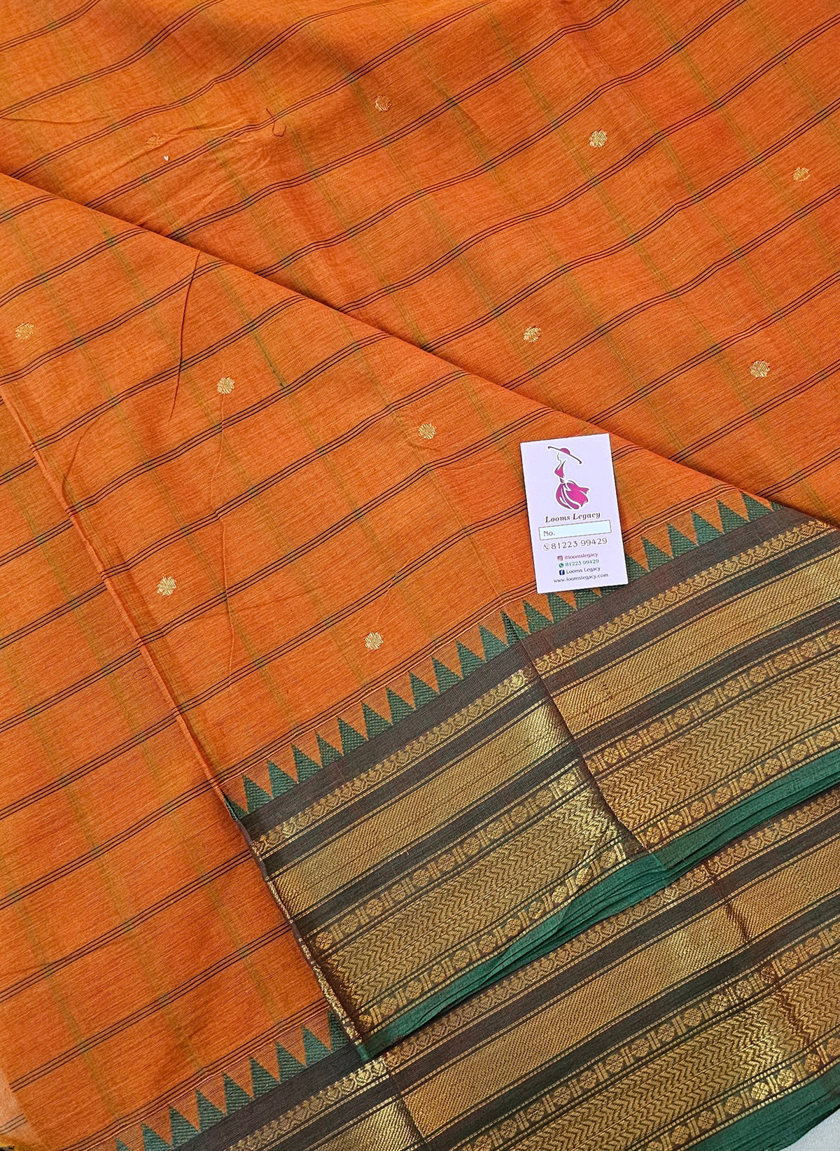 Kanchi Cotton Saree - Orange with Green