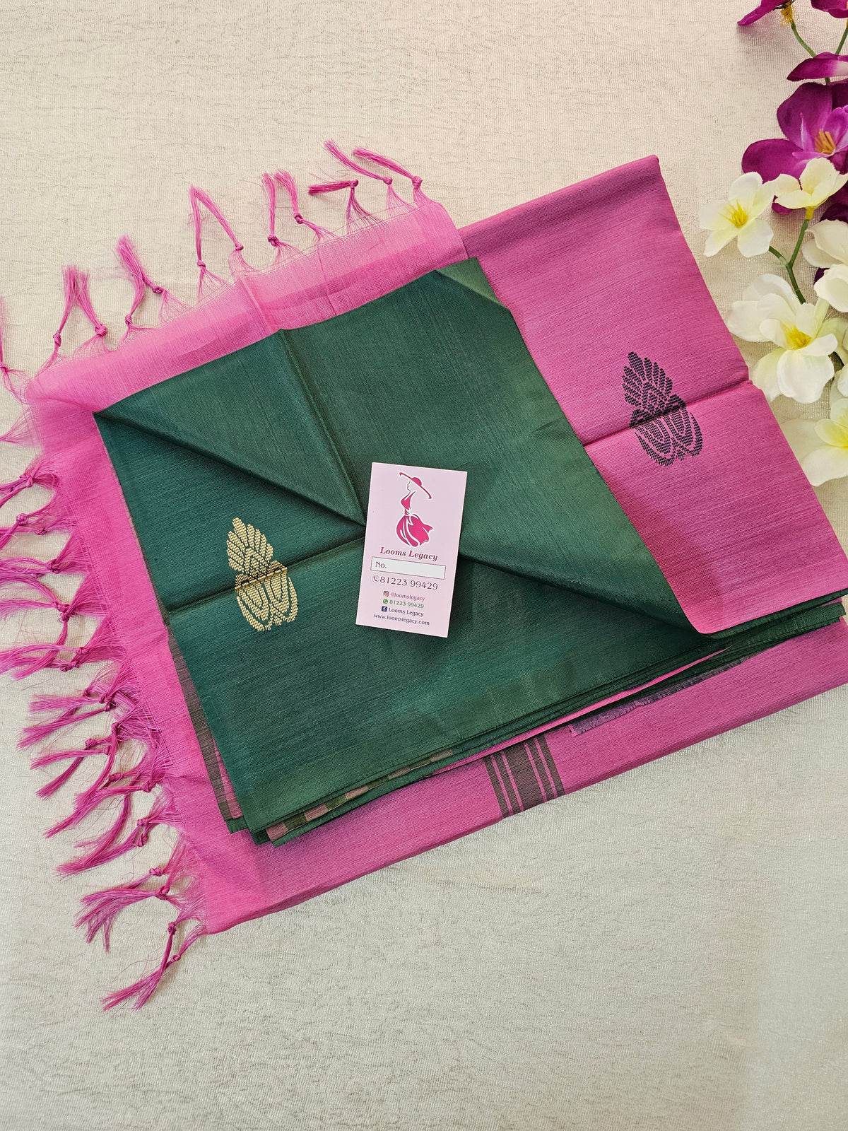 Bottle Green with Pink Pallu  Handwoven Chinnalampattu Saree