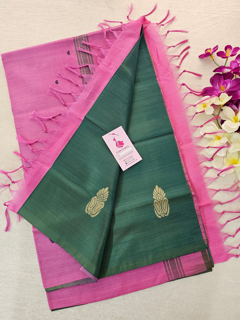 Bottle Green with Pink Pallu  Handwoven Chinnalampattu Saree