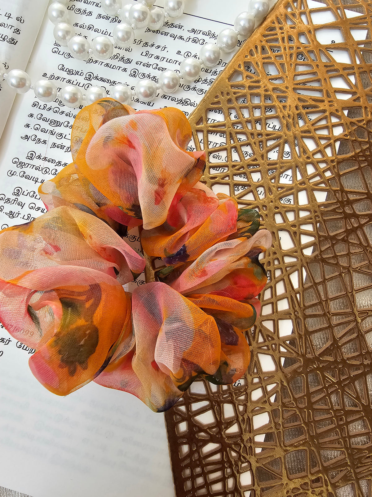 Orange Floral - Organza Scrunch