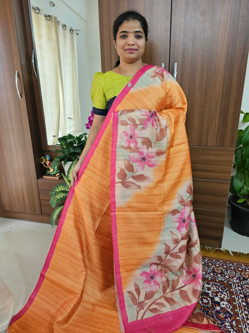 Semi Tussar with Striped Zari Weaving Saree - Orange with Pink