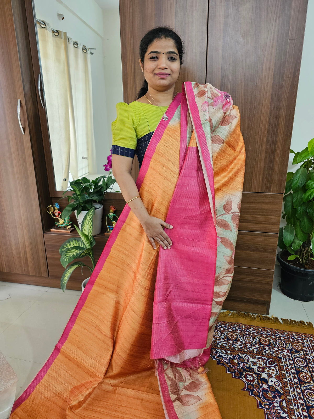 Semi Tussar with Striped Zari Weaving Saree - Orange with Pink