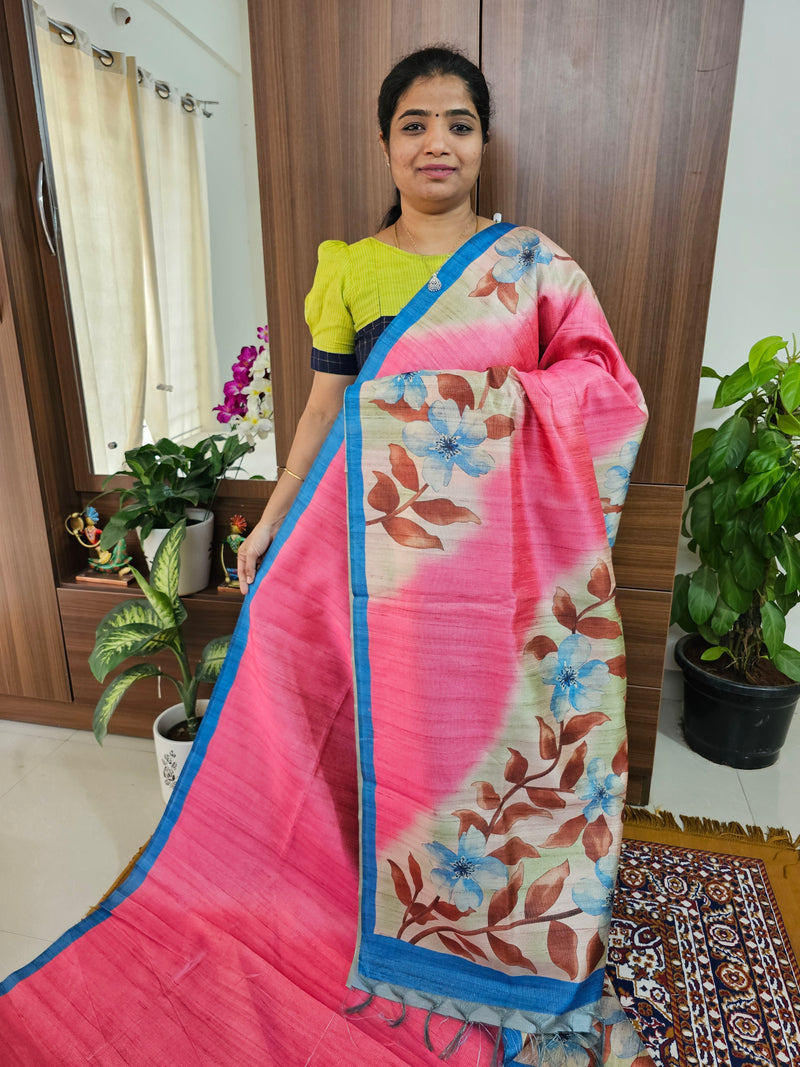 Semi Tussar with Striped Zari Weaving Saree - Pink with Blue