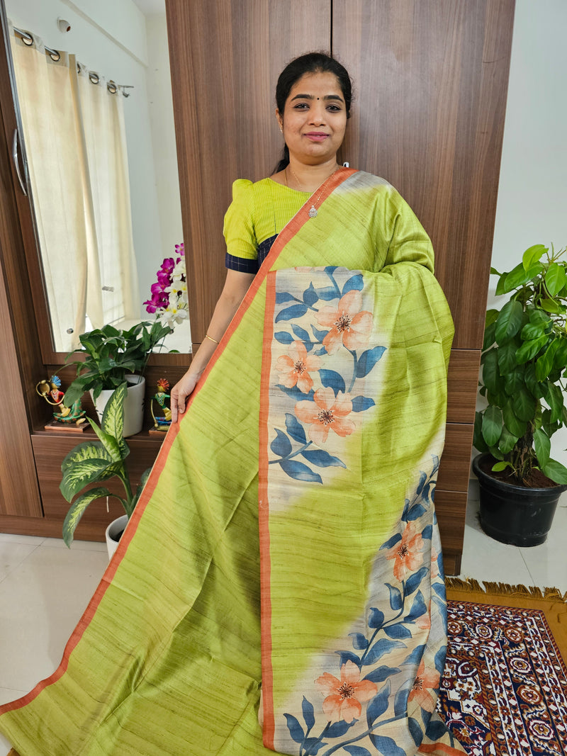 Semi Tussar with Striped Zari Weaving Saree -Green with Brown