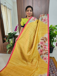 Semi Tussar with Striped Zari Weaving Saree - Yellow with Pink