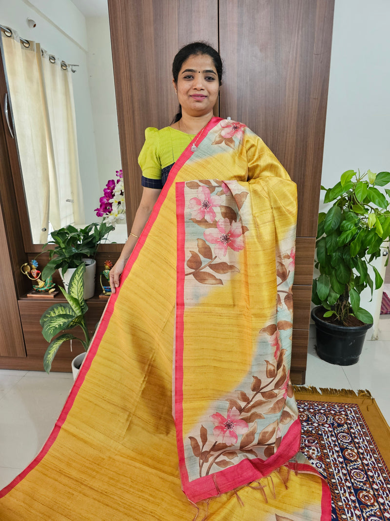 Semi Tussar with Striped Zari Weaving Saree - Yellow with Pink