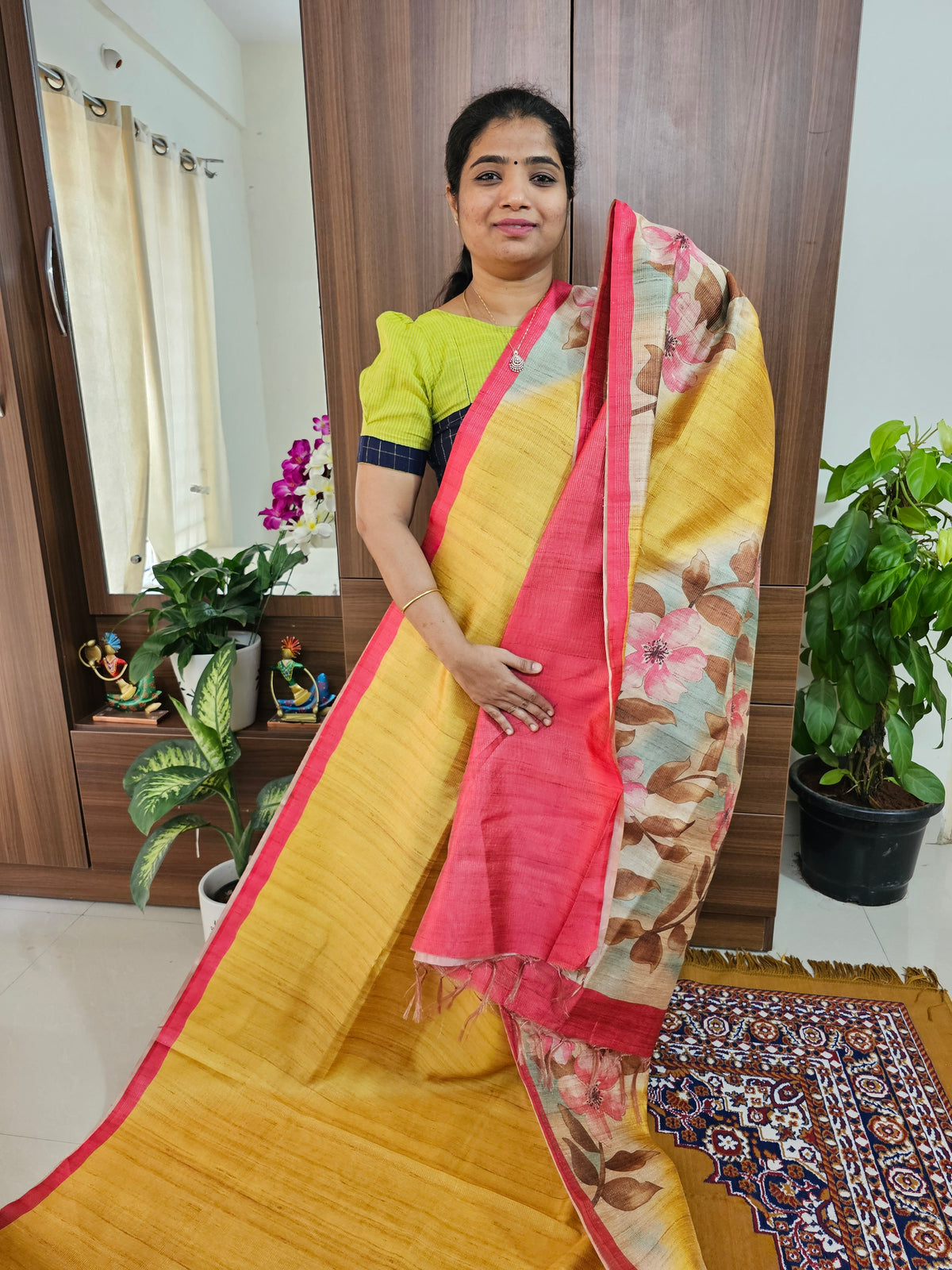 Semi Tussar with Striped Zari Weaving Saree - Yellow with Pink