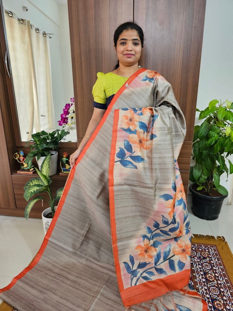 Semi Tussar with Striped Zari Weaving Saree - Grey with Orange