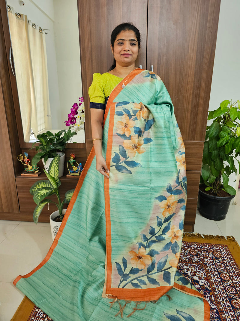 Semi Tussar with Striped Zari Weaving Saree - Sea Green with Orange