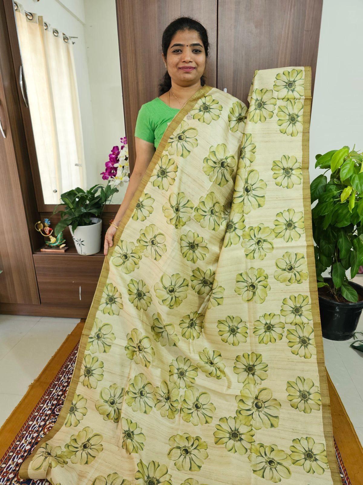 Semi Tussar with Striped Zari Weaving Saree - Mehndi  Green