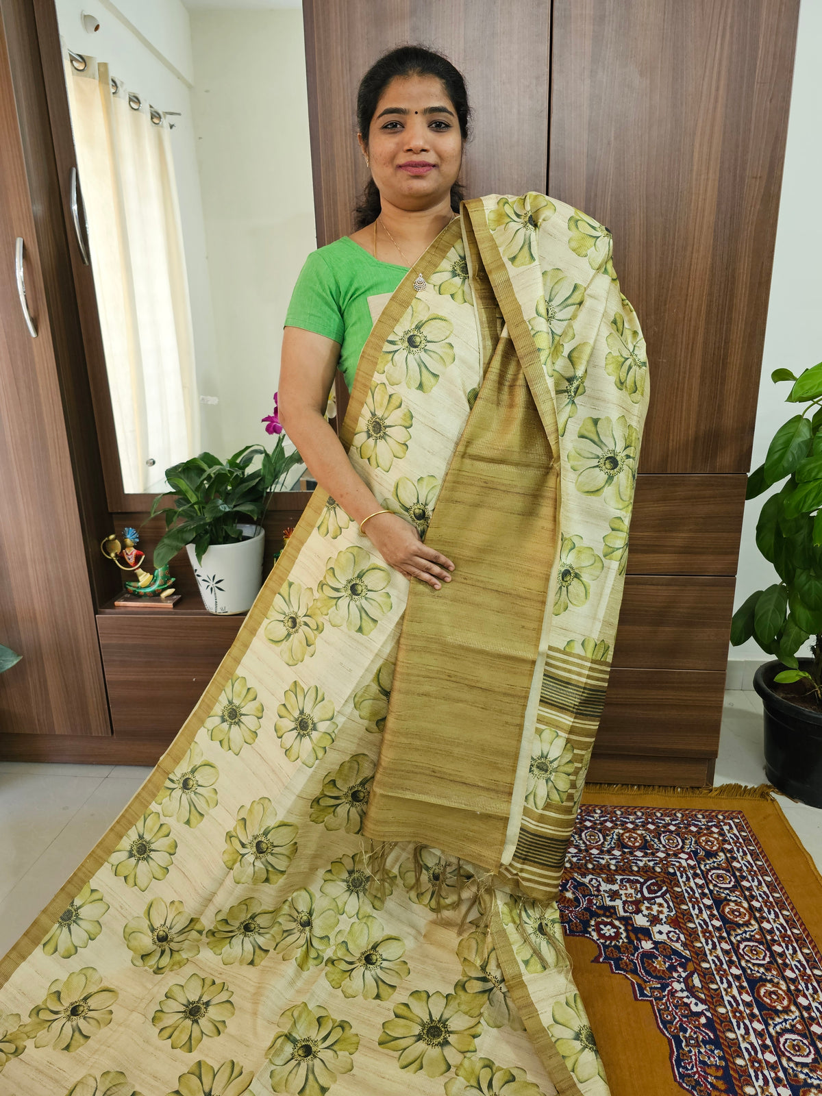 Semi Tussar with Striped Zari Weaving Saree - Mehndi  Green